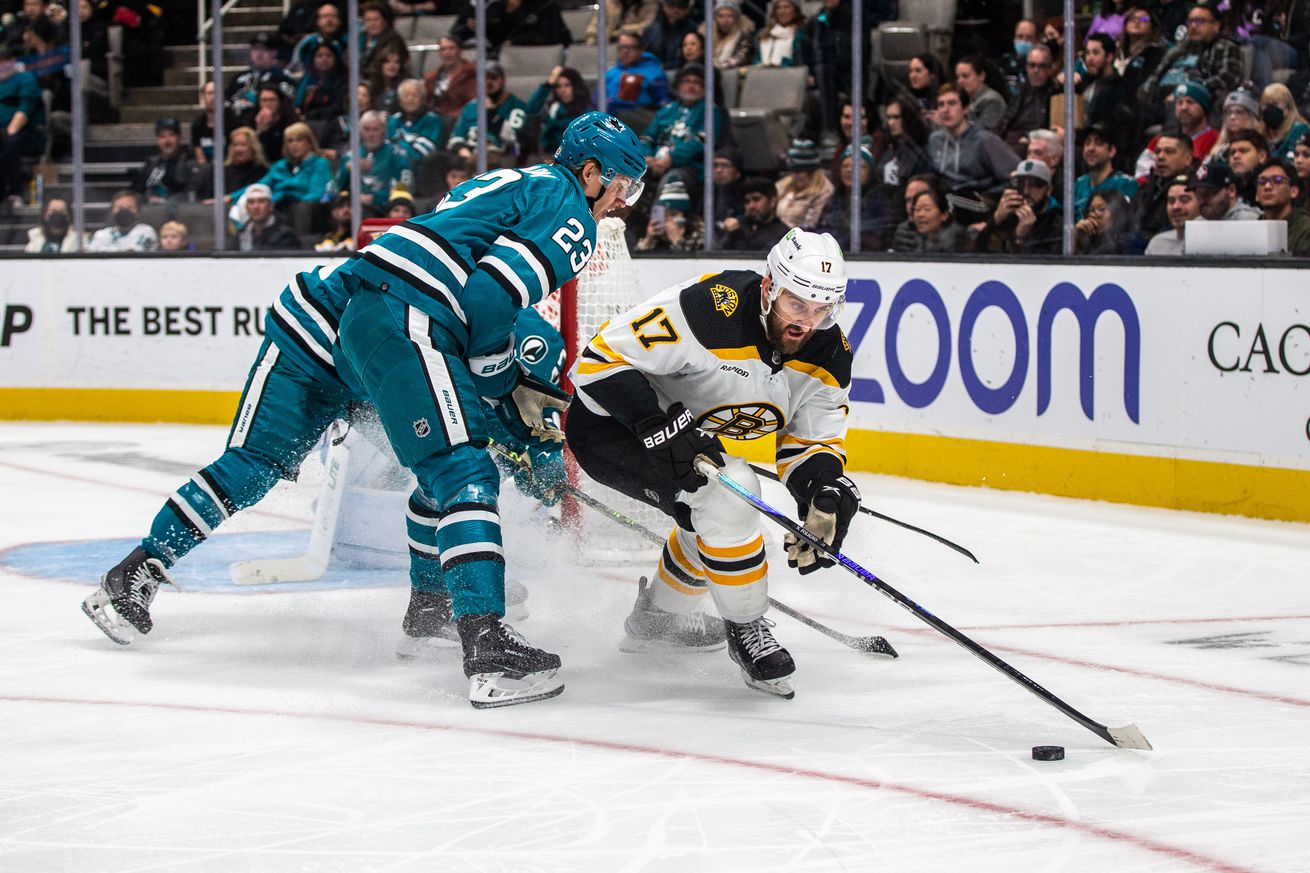 San Jose Sharks Left Wing Oskar Lindblom (23) defends Boston Bruins Left Wing Nick Foligno (17) during the second period of a regular season NHL hockey game between the Boston Bruins and the San Jose Sharks on January 7, 2023, at SAP Center, in San Jose, CA.