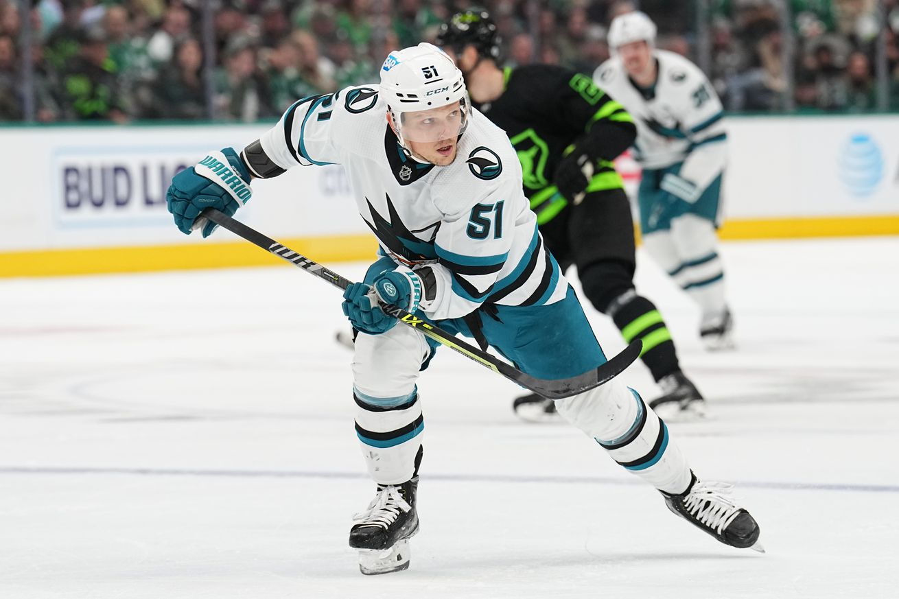 Radim Simek #51 of the San Jose Sharks skates against the Dallas Stars at the American Airlines Center on November 11, 2022 in Dallas, Texas.