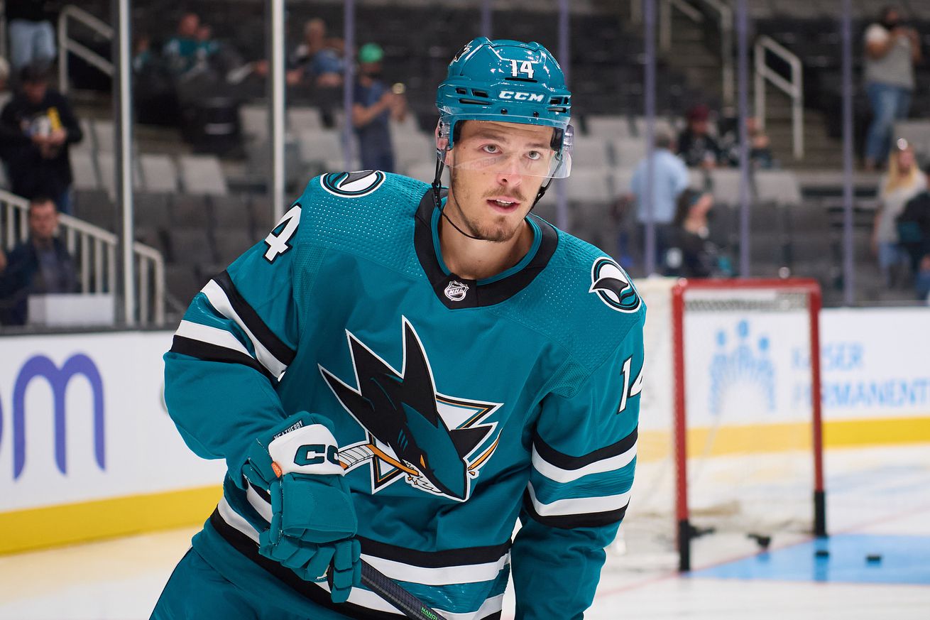 Sep 25, 2022; San Jose, California, USA; San Jose Sharks forward Jasper Weatherby (14) before the game against the Los Angeles Kings at SAP Center at San Jose.