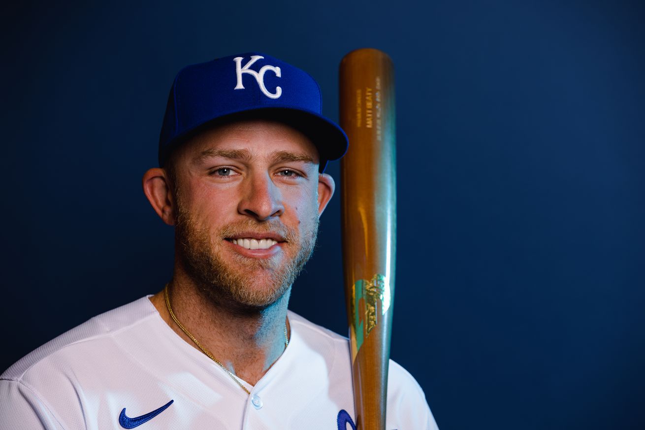 Matt Beaty on Royals media day, holding a bat on his shoulder