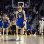 Feb 25, 2024; San Francisco, California, USA; Golden State Warriors guard Klay Thompson (11) walks back up court after being whistled for a foul against the Denver Nuggets during the first quarter at Chase Center. Mandatory Credit: D. Ross Cameron-USA TODAY Sports