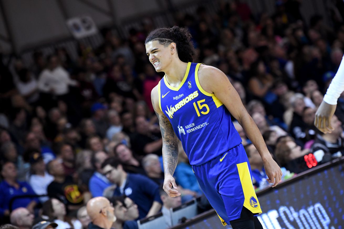 Gui Santos looks on against the G League Ignite during the NBA G-League game on March 16, 2024 at the Kaiser Permanente Arena in Santa Cruz, California. The SC Warriors are wearing their blue jerseys.