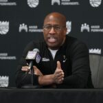 Mar 10, 2024; Sacramento, California, USA; Sacramento Kings head coach Mike Brown talks to media members before the game against the Houston Rockets at Golden 1 Center. Mandatory Credit: Darren Yamashita-USA TODAY Sports