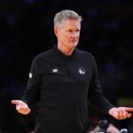 Apr 9, 2024; Los Angeles, California, USA; Golden State Warriors coach Steve Kerr reacts in the first half against the Los Angeles Lakers at Crypto.com Arena. Mandatory Credit: Kirby Lee-USA TODAY Sports Klay Thompson