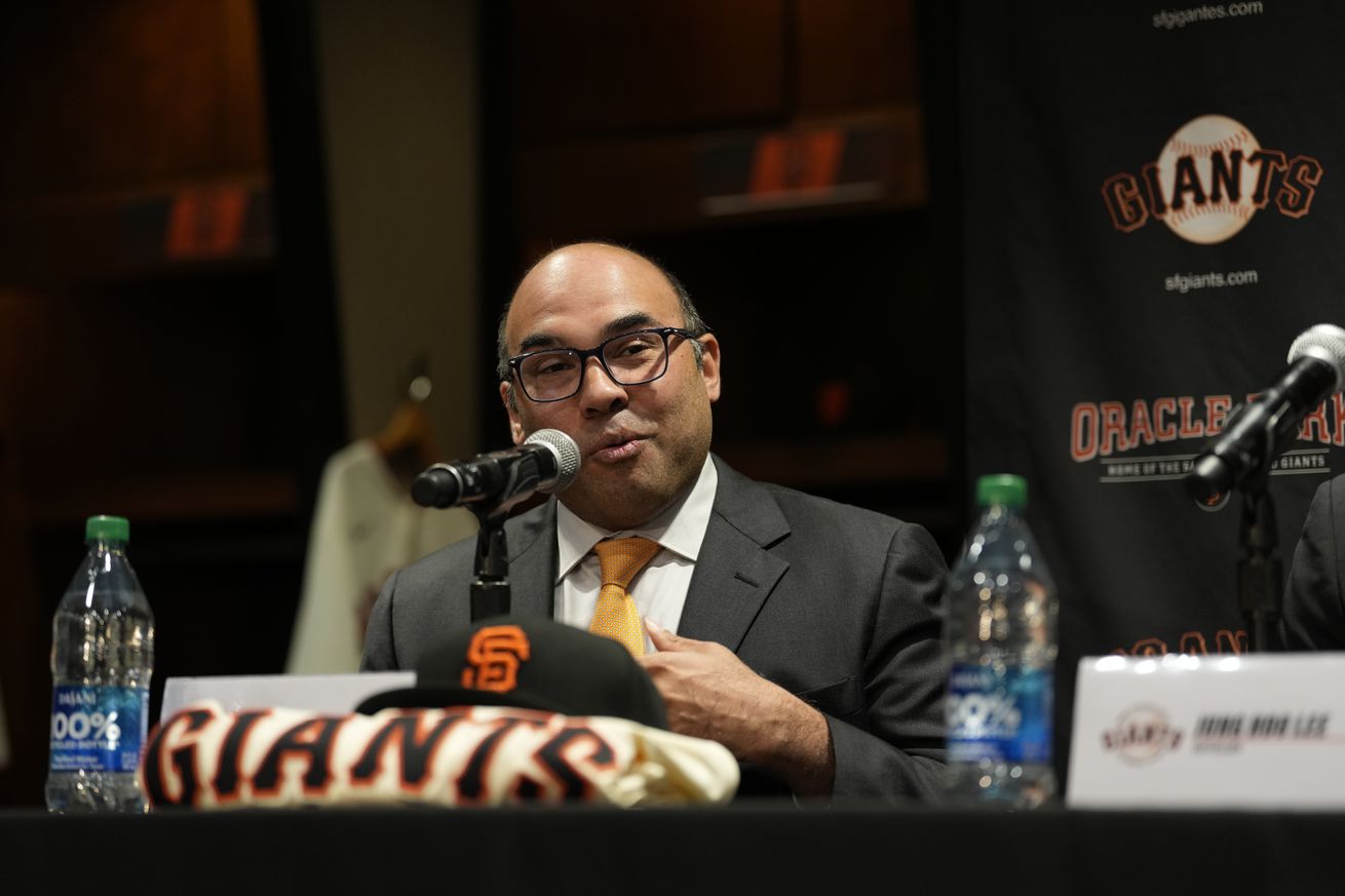 Farhan Zaidi speaking at a press conference.