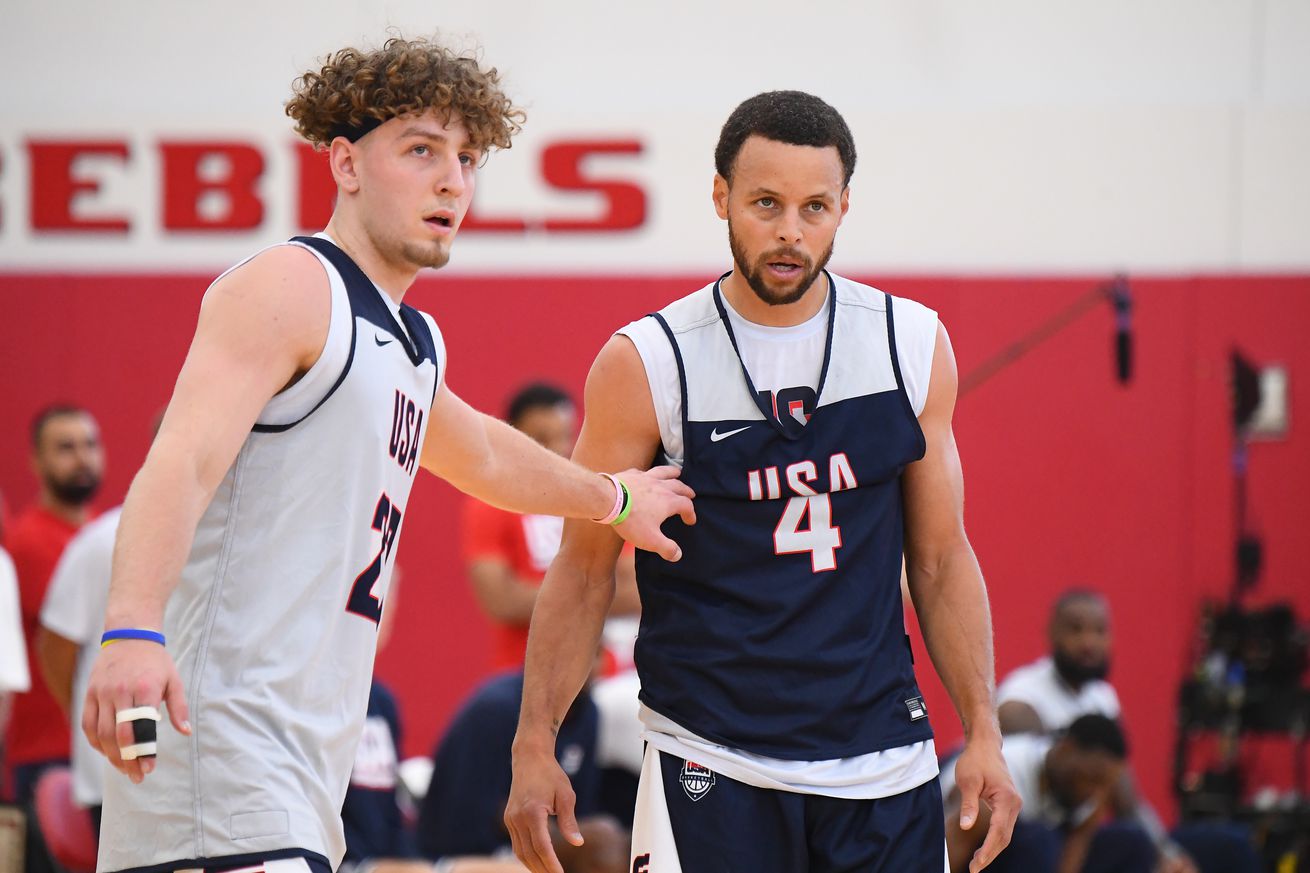 Brandin Podziemski guarding Steph Curry off the ball at a Team USA practice. 