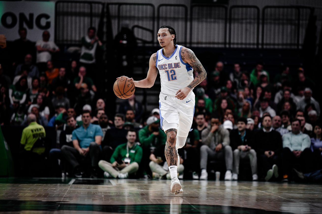 Lindy Waters III dribbling the ball up the court in the G League.