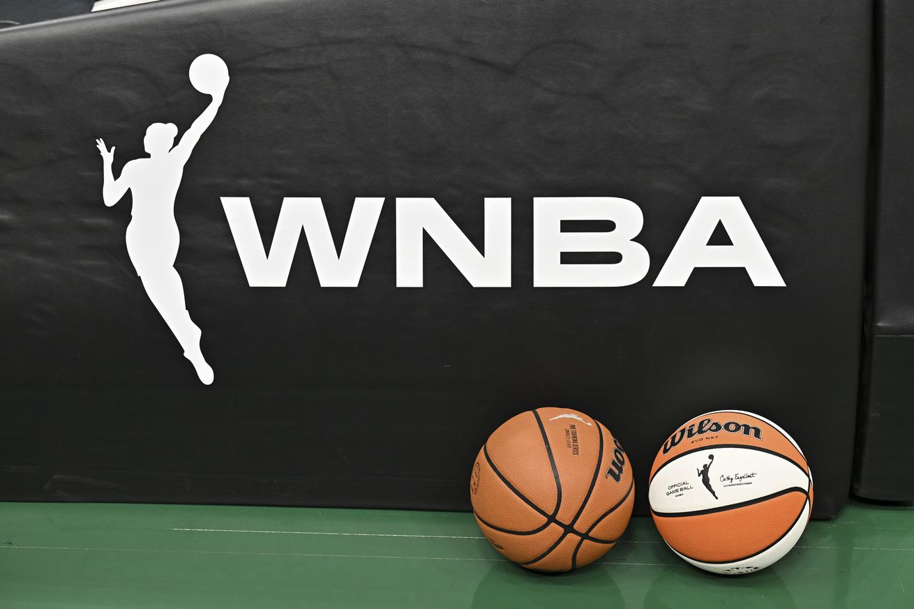 A view of the WNBA logo before the game between the Seattle Storm and the New York Liberty at Climate Pledge Arena on August 30, 2024 in Seattle, Washington.