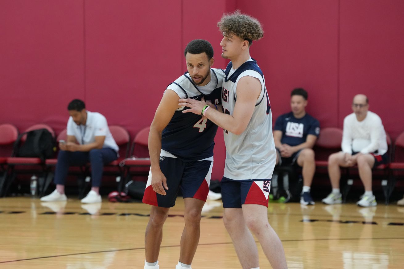 Brandin Podziemski guarding Steph Curry off-ball at Team USA practice.