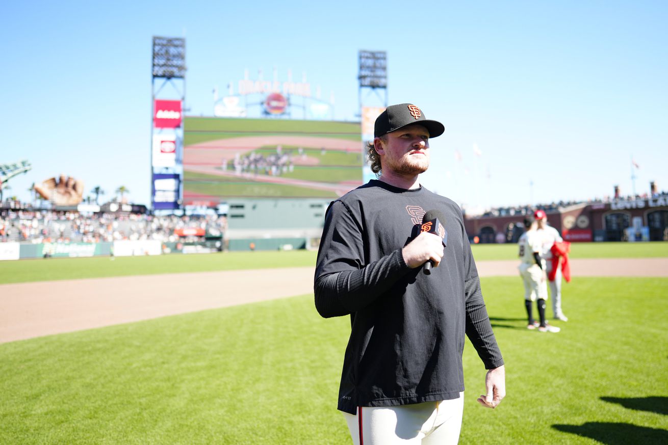 Logan Webb addressing the Oracle Park crowd before a game. 