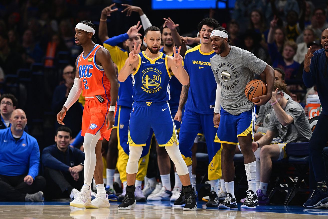 Steph Curry celebrating on the bench with his teammates. 