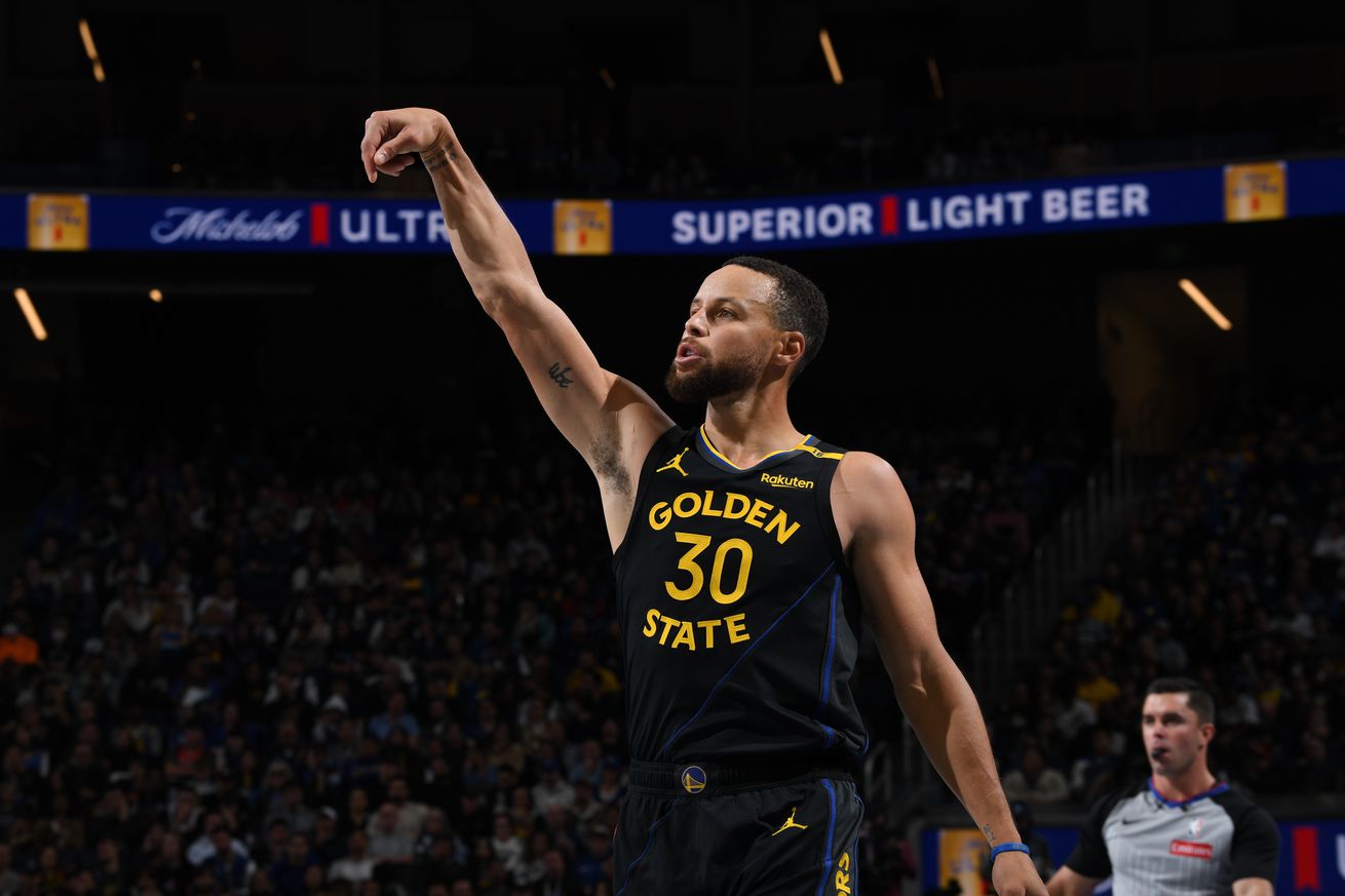 Steph Curry holding his follow through on a shot.