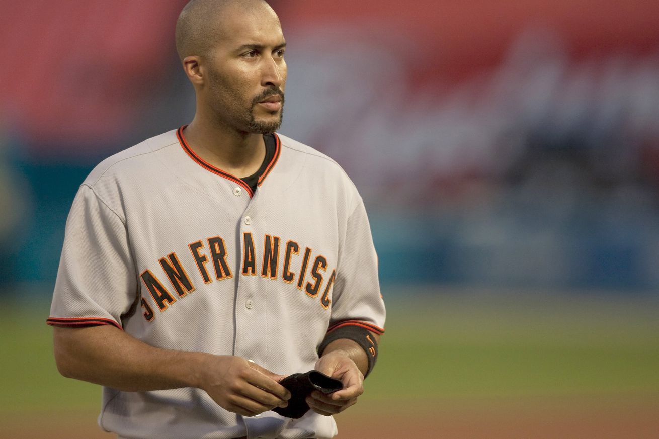 Randy Winn wearing a Giants jersey, without a hat or helmet on. 