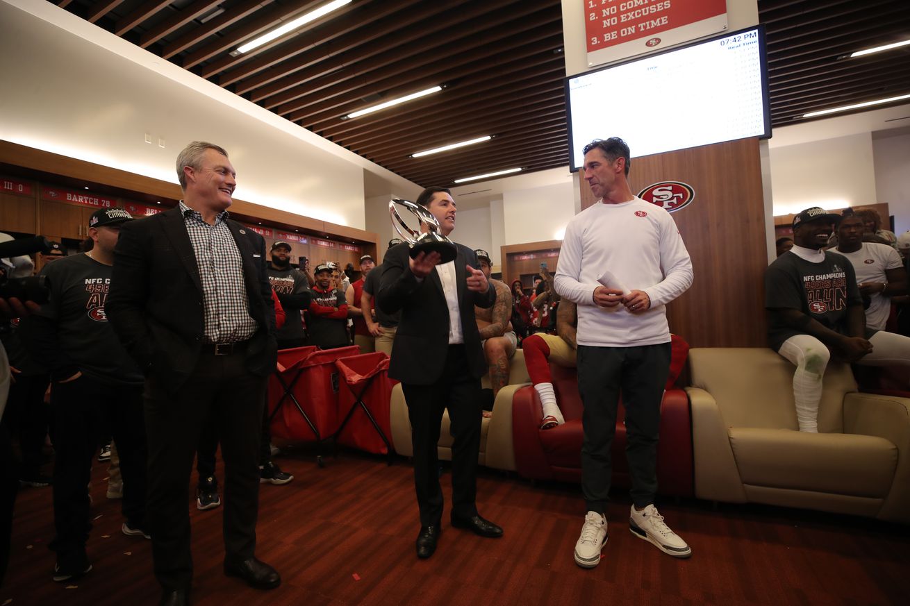 Jed York, Kyle Shanahan, John Lynch NFC Championship - Detroit Lions v San Francisco 49ers