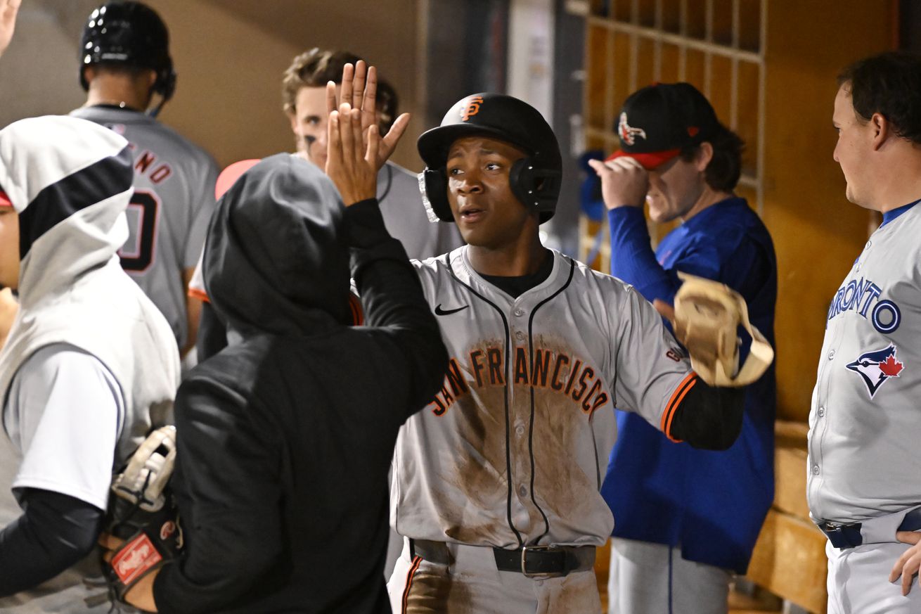 Bo Davidson high-fiving AFL teammates in the dugout. 