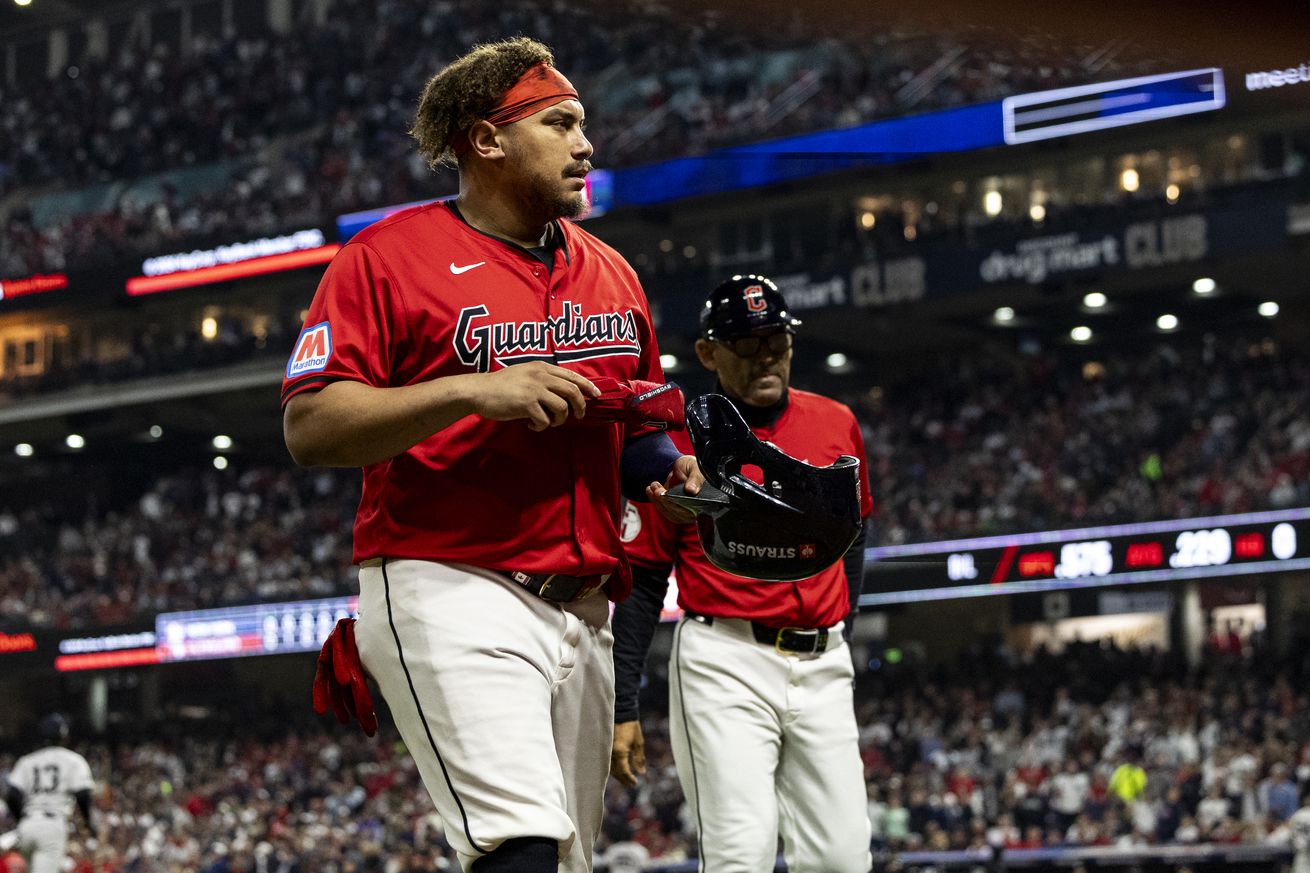 Josh Naylor walking off the field.