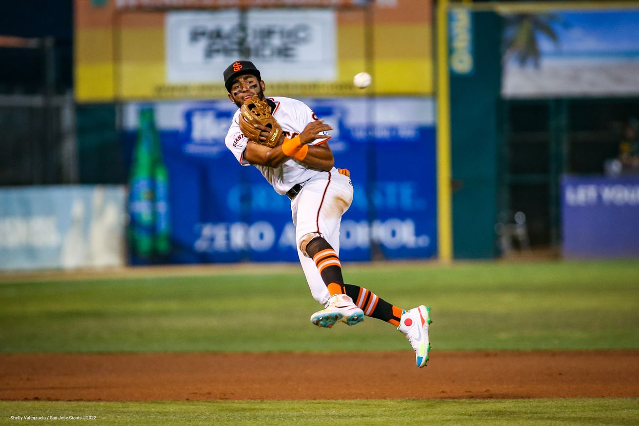 Aeverson Arteaga making a throw across his body at shortstop. 