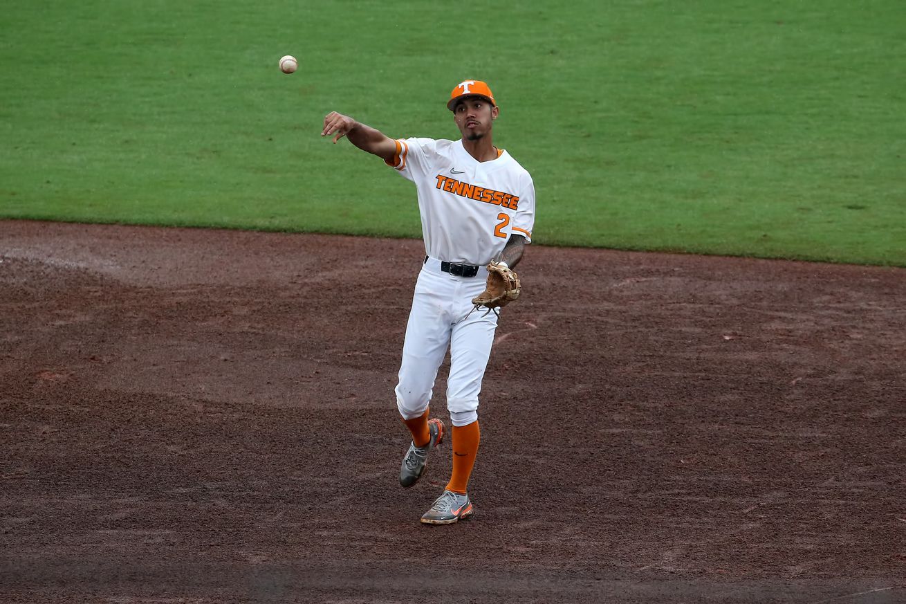 Maui Ahuna throwing a ball while playing at Tennessee. 