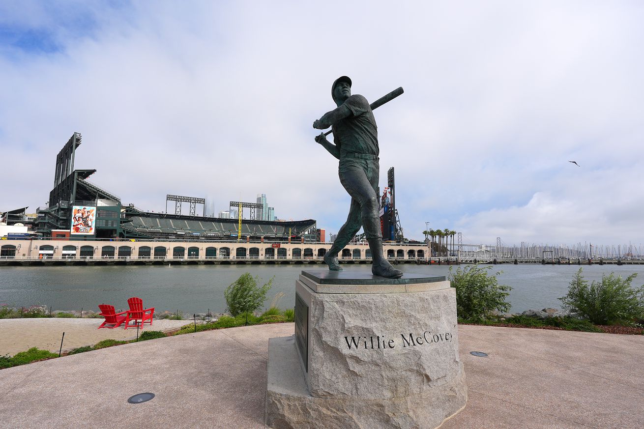 A Willie McCovey statue outside of Oracle Park.