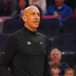 Jan 5, 2025; San Francisco, California, USA; Sacramento Kings interim head coach Doug Christie on the sideline during the first quarter against the Golden State Warriors at Chase Center. Mandatory Credit: Kelley L Cox-Imagn Images