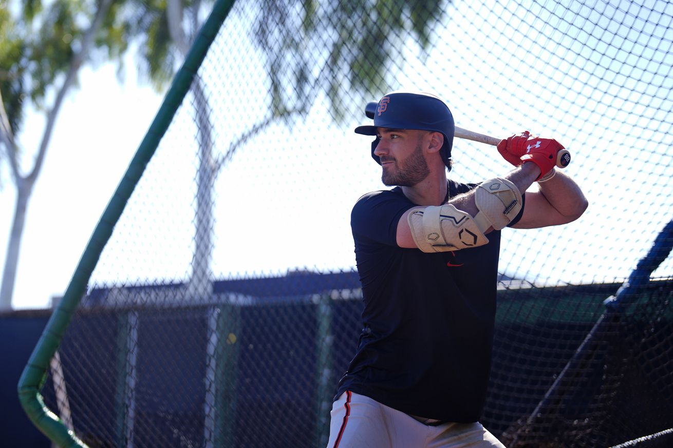 Close up of Bryce Eldridge in the batting cage. 