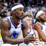 Feb 21, 2025; Sacramento, California, USA; Golden State Warriors forward Jimmy Butler III (10) claps from the bench during the fourth quarter against the Sacramento Kings at Golden 1 Center. Mandatory Credit: Sergio Estrada-Imagn Images