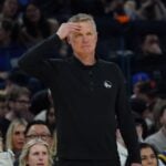 Mar 8, 2025; San Francisco, California, USA; Golden State Warriors head coach Steve Kerr watches the action during a game against the Detroit Pistons in the second quarter at Chase Center. Mandatory Credit: David Gonzales-Imagn Images Kevon Looney