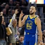 Mar 10, 2025; San Francisco, California, USA; Golden State Warriors guard Stephen Curry (30) reacts after hitting a three-point shot against the Portland Trail Blazers during the third quarter at Chase Center. Mandatory Credit: John Hefti-Imagn Images